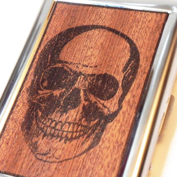 Wood Wallet, Wooden Wallet, Mens Wallet, Skull Print for wholesale by Resolute Star