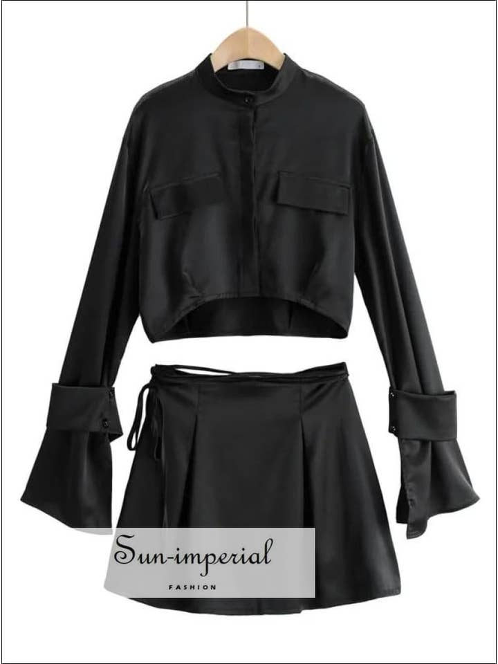 Sun Imperial – wholesale Set med topp och kjol - Dam – Vit Långärmad Satin Stand krage Crop topp tröja med
