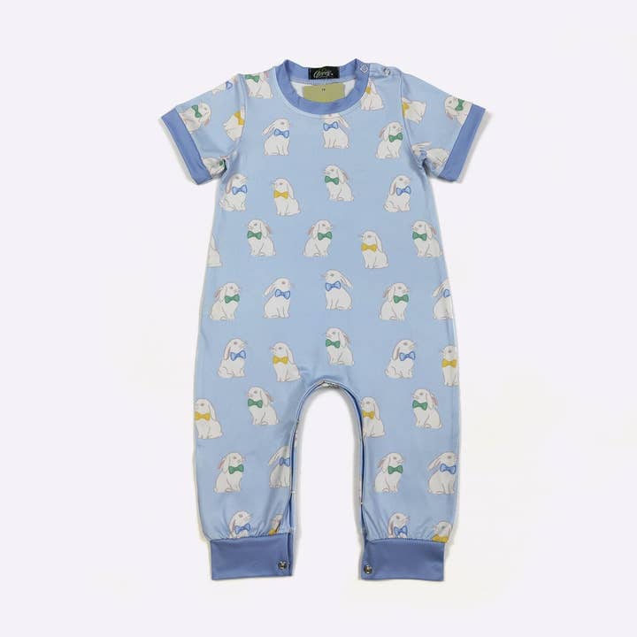 Bow Tie Bunnies Boy Romper for wholesale by Clover Cottage