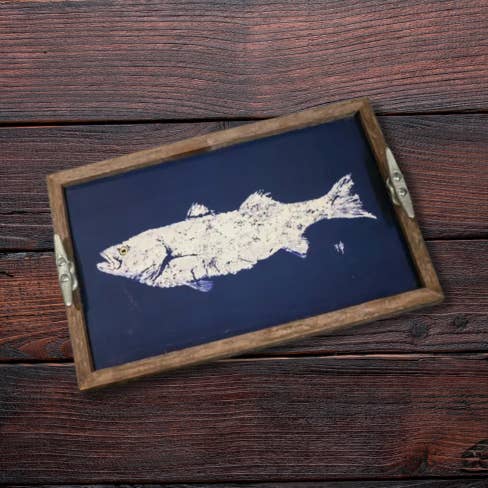 White Fish on Navy Driftwood Food Serving Tray for wholesale by Fish Aye Trading