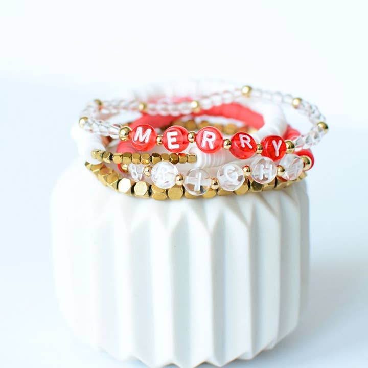 Two and Crew - Wholesale Beaded Bracelet - Merry and Bright Christmas Holiday Red & White bracelet set