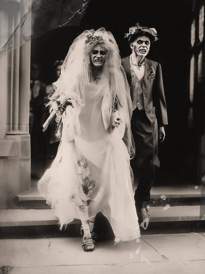 Vintage Bride and Groom Zombie Photo – Zombie Macabre Plague Genre 8″x10″ Artwork for 10″x12″ Frame for wholesale by Mowbi