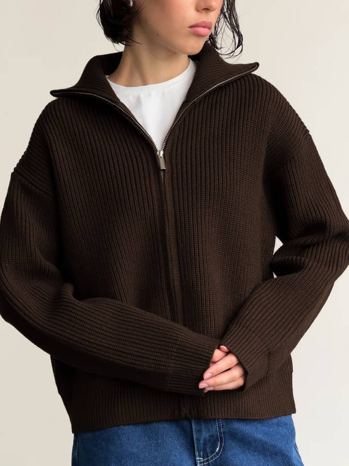 Cozy Leisure Ribbed Zip Up Lapel Knit Cardigan Sweater for wholesale by Rosa Clothing