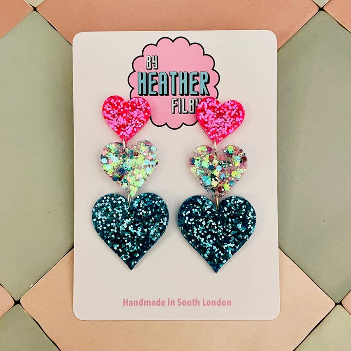 X Large Triple Heart Glitter Resin Earrings for wholesale by By Heather Filby