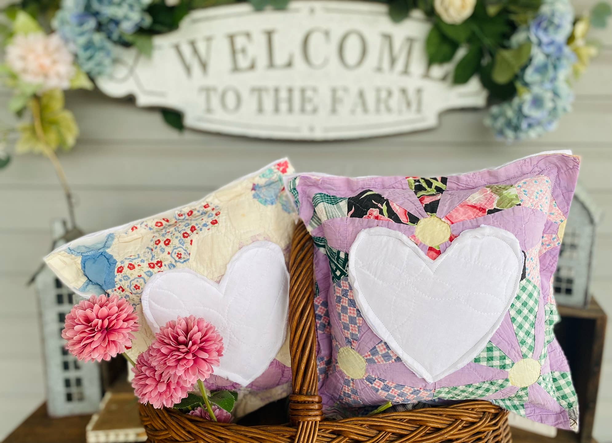 A Gnome on the Roam - Wholesale Throw/Decorative Pillow - Vintage Quilt Block Pillow with Heart Appliqué Cottagecore1