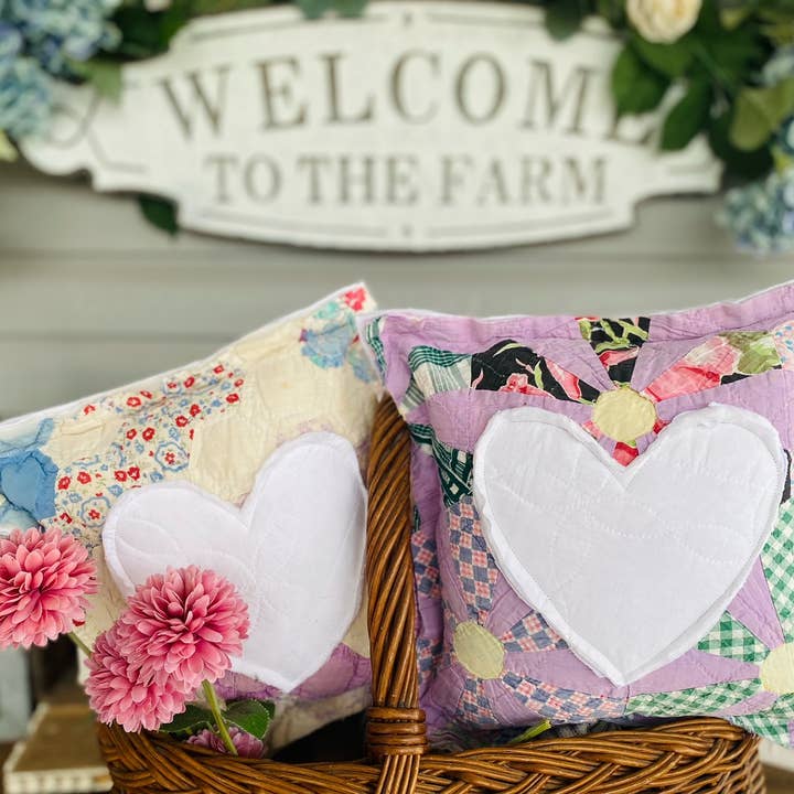 A Gnome on the Roam - Wholesale Throw/Decorative Pillow - Vintage Quilt Block Pillow with Heart Appliqué Cottagecore1