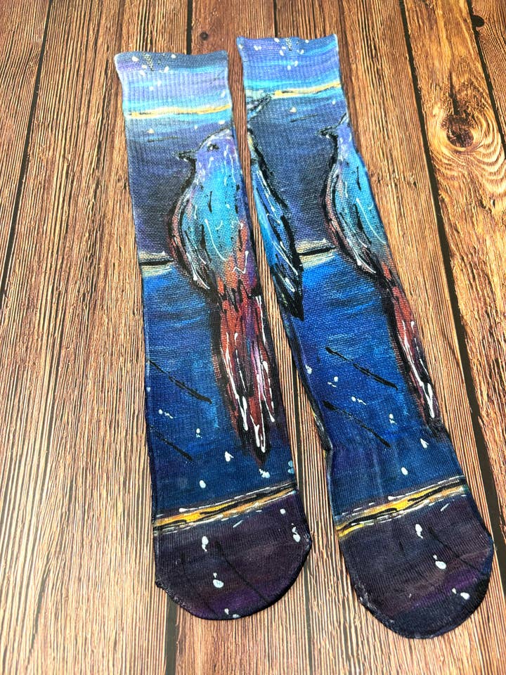 Calze sublimazione "Uccelli su un filo" per la vendita all'ingrosso da parte di Third Wolf Designs