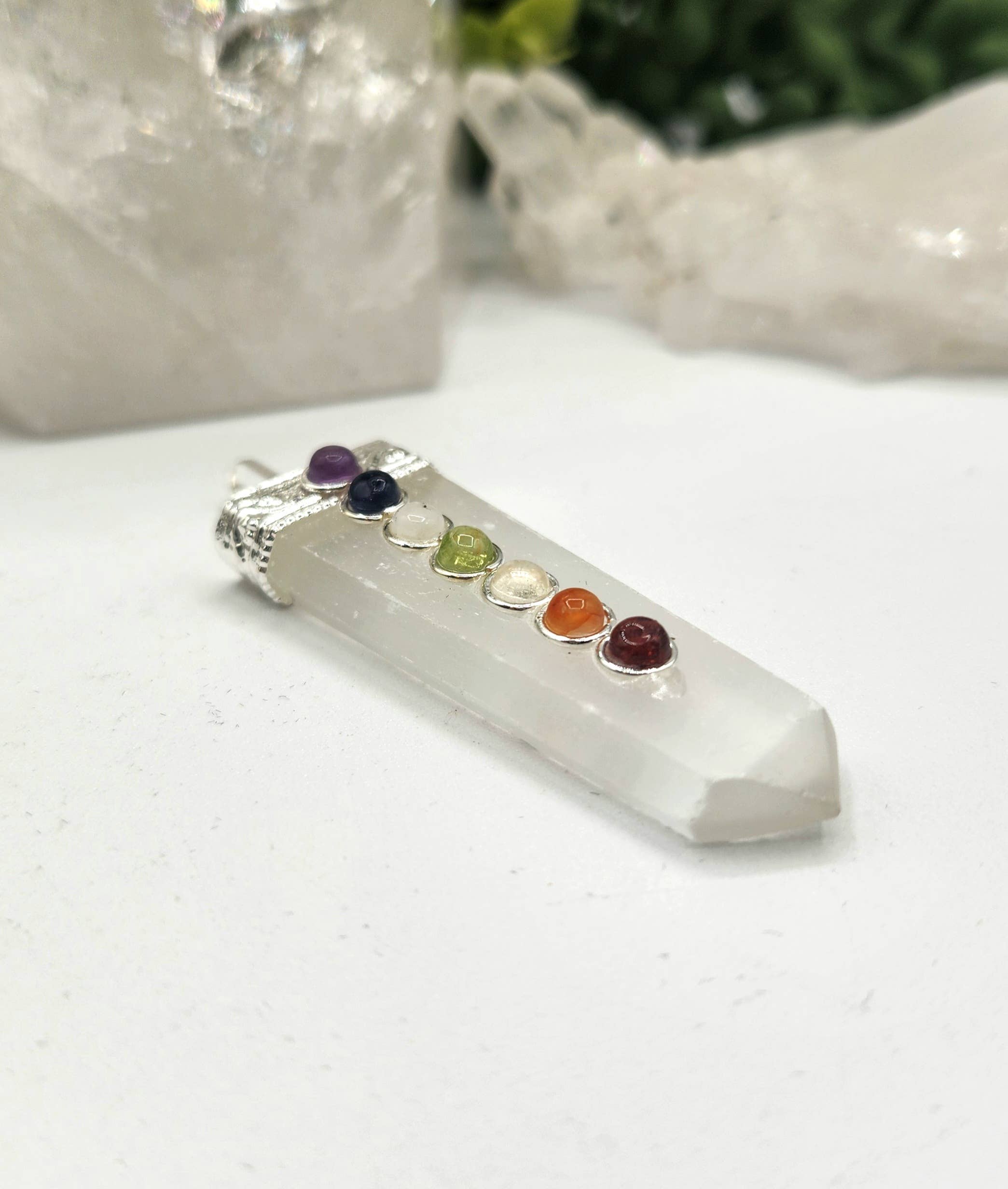 Meraki Gemstones - Wholesale Individual Charm/Pendant - Selenite Flat Gemstone Pendant w/Chakra Stones Silver Color2