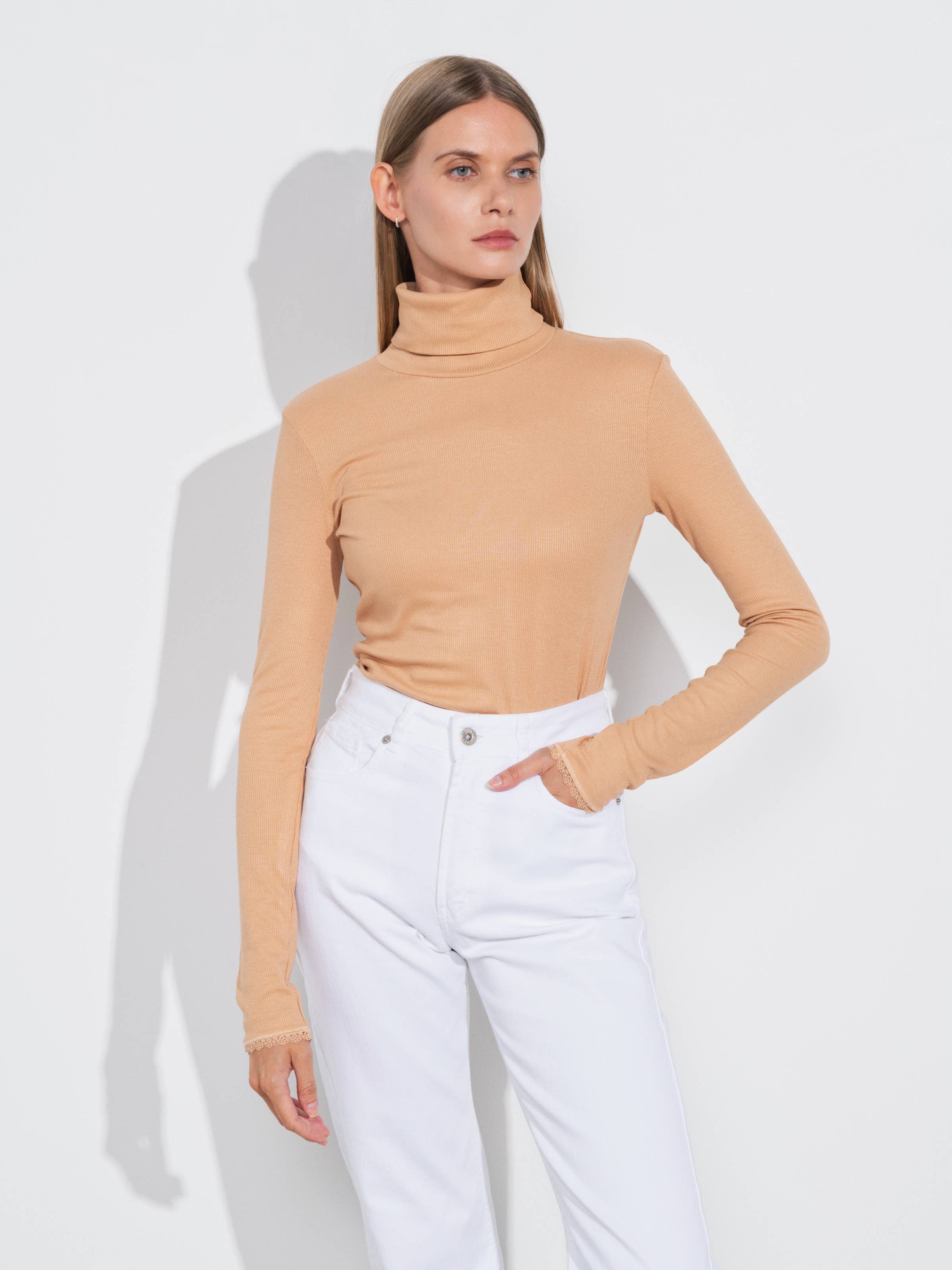 SMF - Vendita all'ingrosso Maglione tricot - Donna - Maglione base a collo alto in maglia a coste con dettagli in pizzo sui polsini0