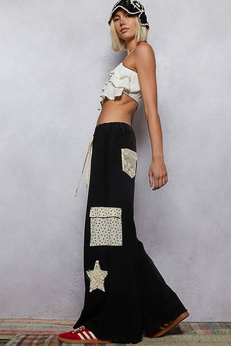 Pol Clothing - Wholesale Pants - Women's - French Terry Vintage Washing Star Patch Casual Wide Pants5