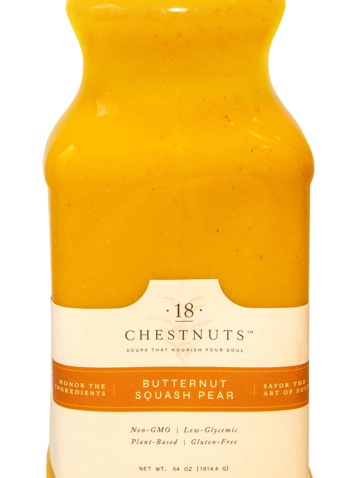 Butternut Squash Pear Soup 64 oz Plant Based & Gluten Free for wholesale by 18 Chestnuts Soups