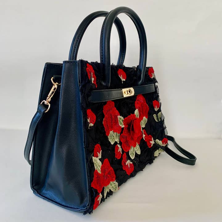 GARELL - Wholesale Satchel - Women's - Black Handbag Purse with Red Floral Embroidery Elegant/2