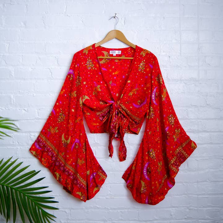 Karma Nepal Crafts - Wholesale Blouse - Dames - Hemelse wikkeltop met ronde mouwen en ruches in Boheemse stijl9