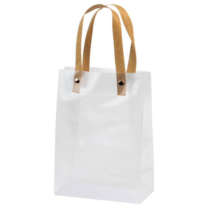 Clear Plastic Bag With Brown Straw Handle 7.5X5.25X2.75 Inch for wholesale by Hammont