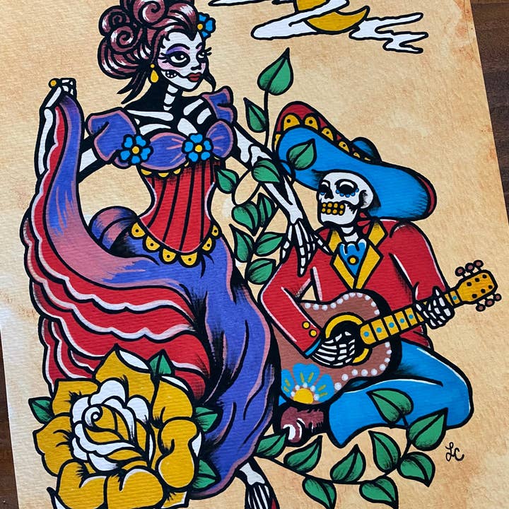 "Moonlight Serenade" Dia De Los Muertos Romantic Couple Art Print for wholesale by Illustrated Ink
