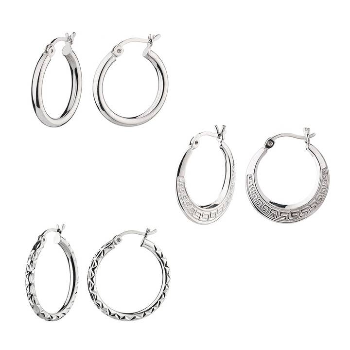 Set of 3 Sterling Silver Small Greek Key Hoop Earrings for wholesale by Almond Tree