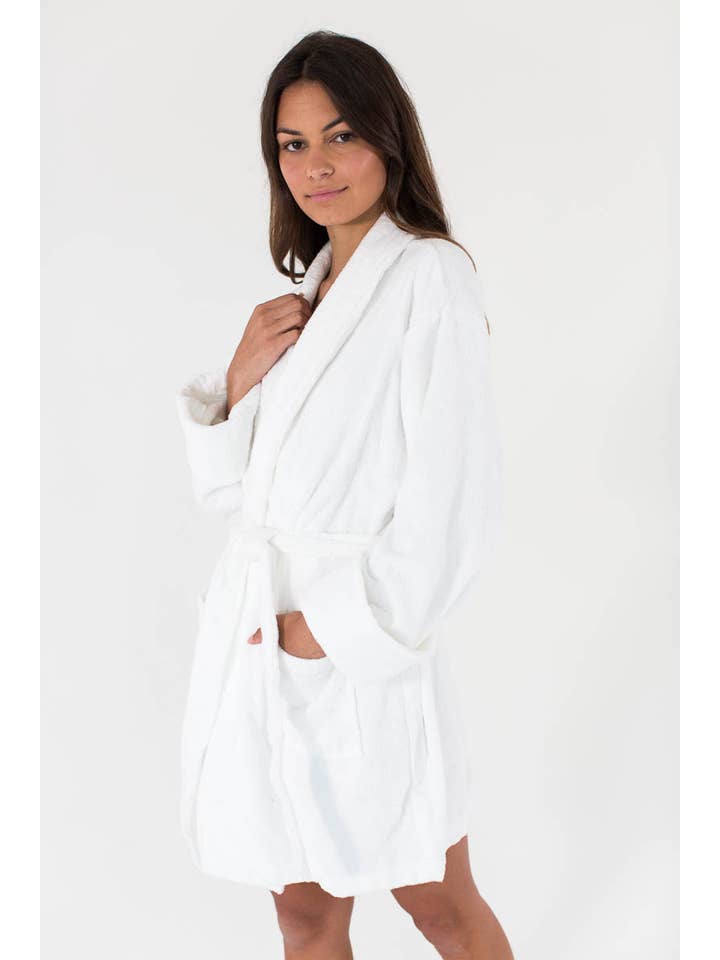Aegean Apparel - Wholesale Robe - Women's - Solid Zero Twist Short Terry Loop Bathrobe - White4