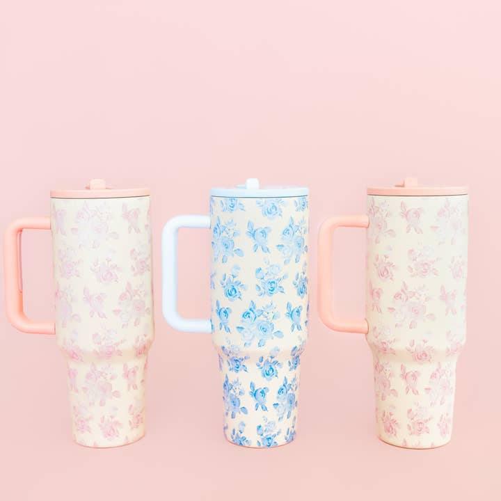Rock Paper Scissors - Wholesale Insulated Mug/Tumbler - Cream & Blue Floral 40oz Tumbler with Spill Proof Lid