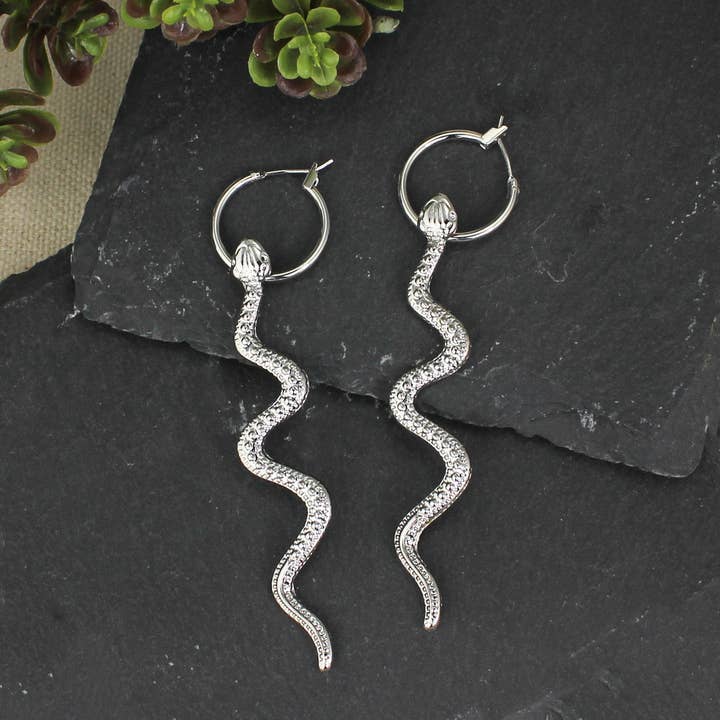 ZAD - Wholesale Dangle Earrings - Snake Bite Silver Hoop Serpent Earrings