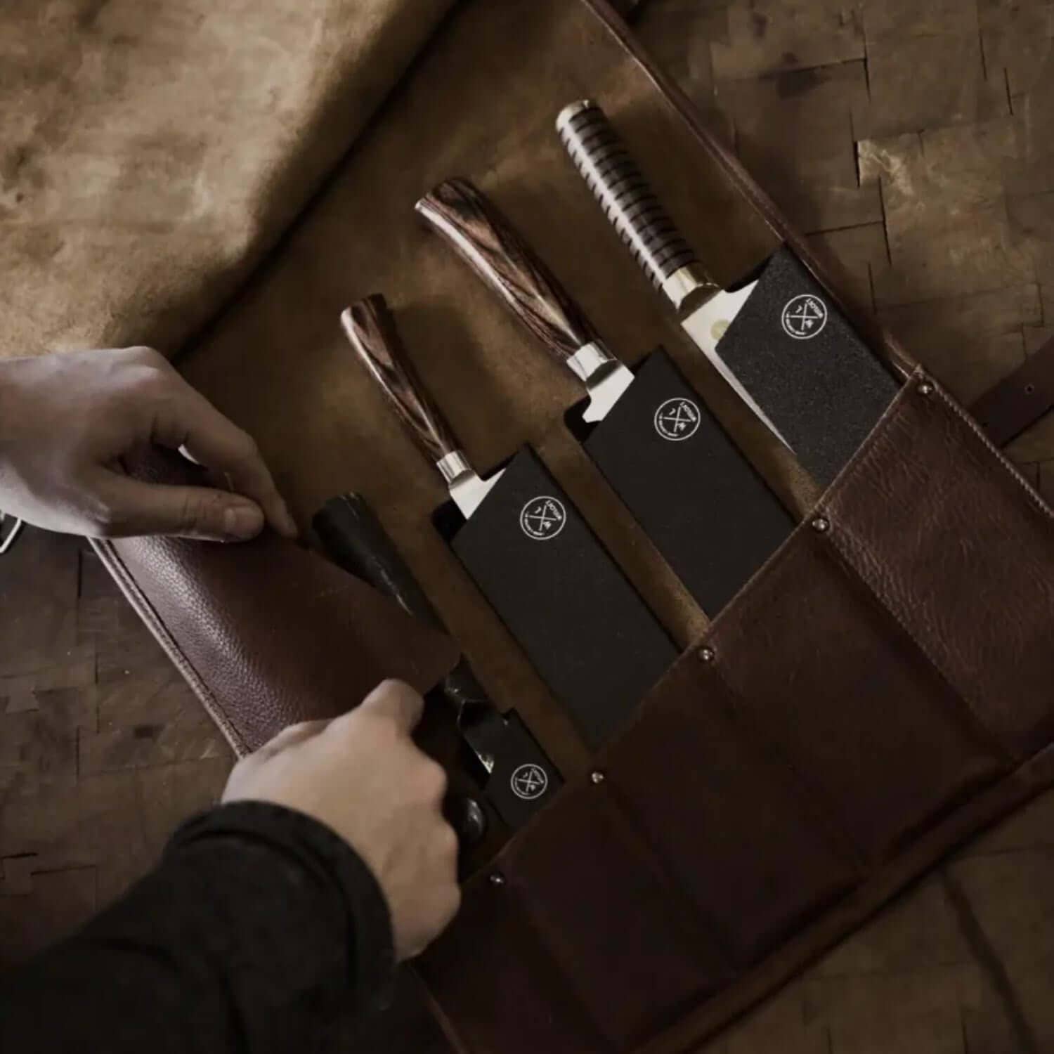 Ginza Steel - Wholesale Knife Storage - WITLOFT -  Handmade leather Knife Role ( 5 Compartments)3