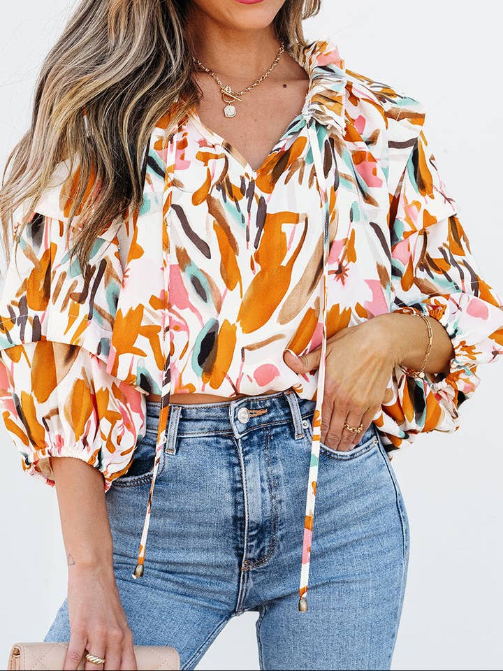 White Printed Drawstring Frilled V Neck 3/4 Sleeve Blouse for wholesale by Lillie + Co