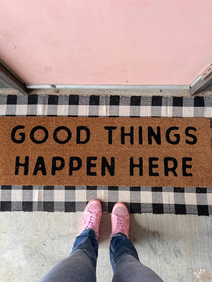 XL Doormat - Good things happen here (New Length) for wholesale by Modern Burlap