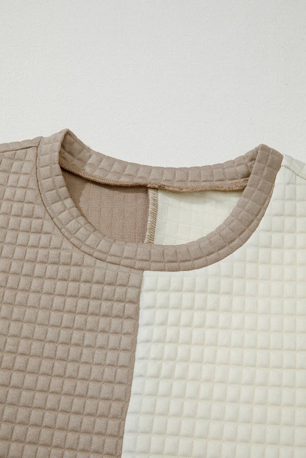 Beige Colorblock Patchwork Textured Long Sleeve Top 2pcs Short Set for wholesale on Faire7