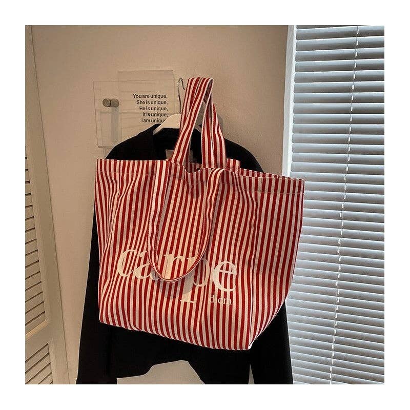 UZ Wholesale Store - Wholesale Tote Bag - Women's - Striped Letter Canvas Tote Bag with Large Capacity5