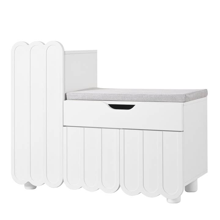 White shoe cabinet with padded seat storage bench KIVUILS for wholesale by Urban Meuble
