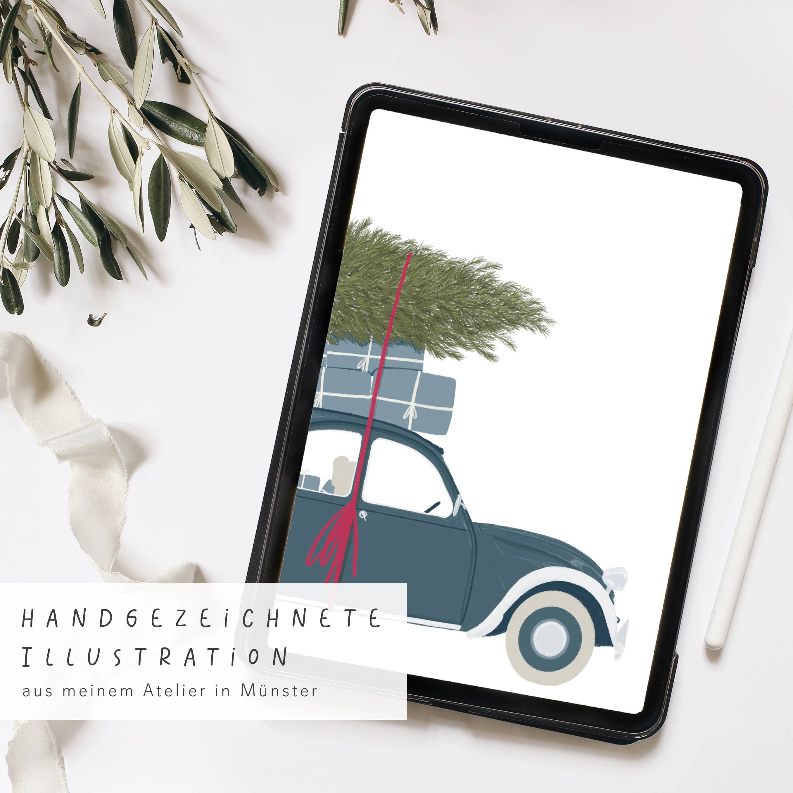 Wildblumen Atelier – wholesale Julkort – Julvykort med bil, paket och gran, FSC-certifierat2