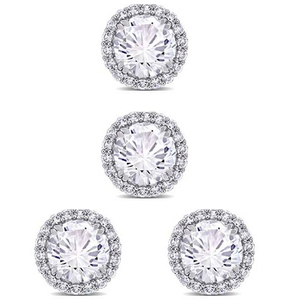 Halo-Ohrstecker aus 14-karätigem Weißgold, vergoldet, 4 Karat, 4 Karat, rund, weißer Saphir, Set mit fünf Halo-Ohrsteckern für den Großhandel von Paris Jewelry