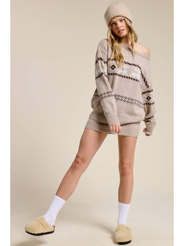 Mimosa - Wholesale Top & Skirt Set - Women's - Reindeer Jacquard Knit Sweater and Skirt Set6