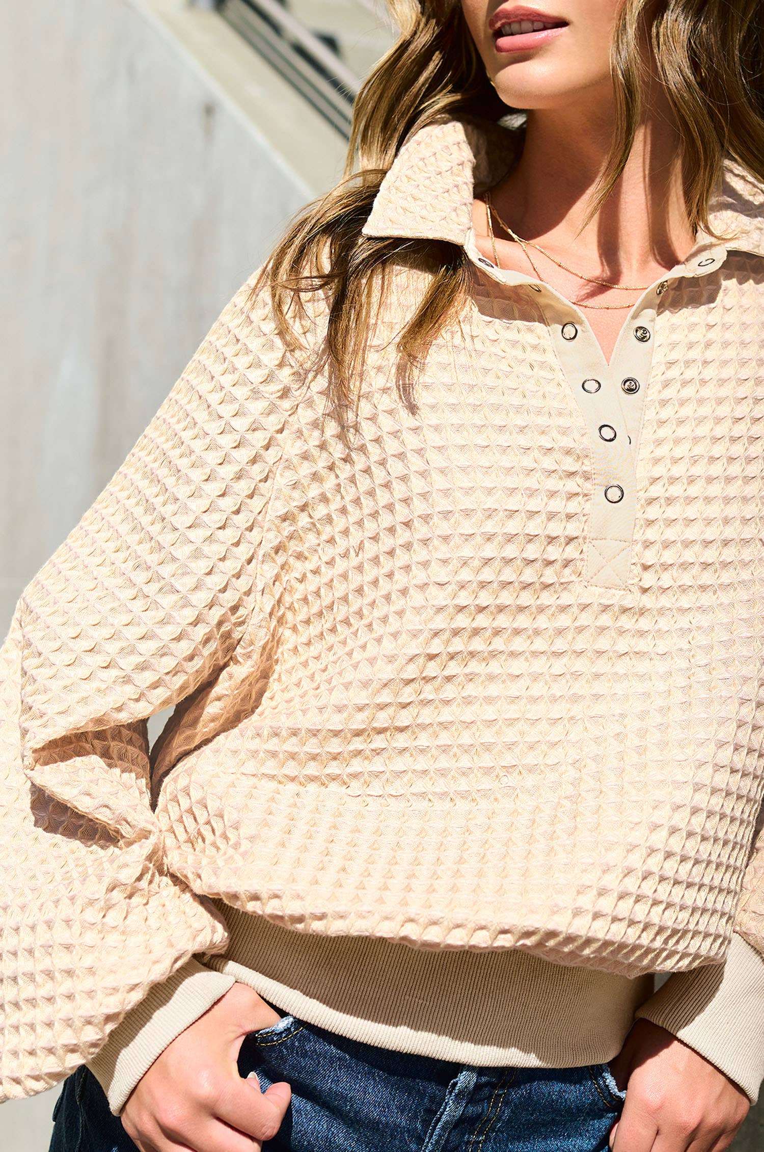 La Miel - Wholesale Sweatshirt - Women's - HCS3576-Unique Two Tone Textured Snap Button Front Top17