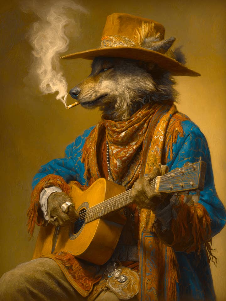 Wolf Troubadours Smoking a Spliff - Hippie Animals Art Print - 8"x10" Artwork for wholesale by Mowbi