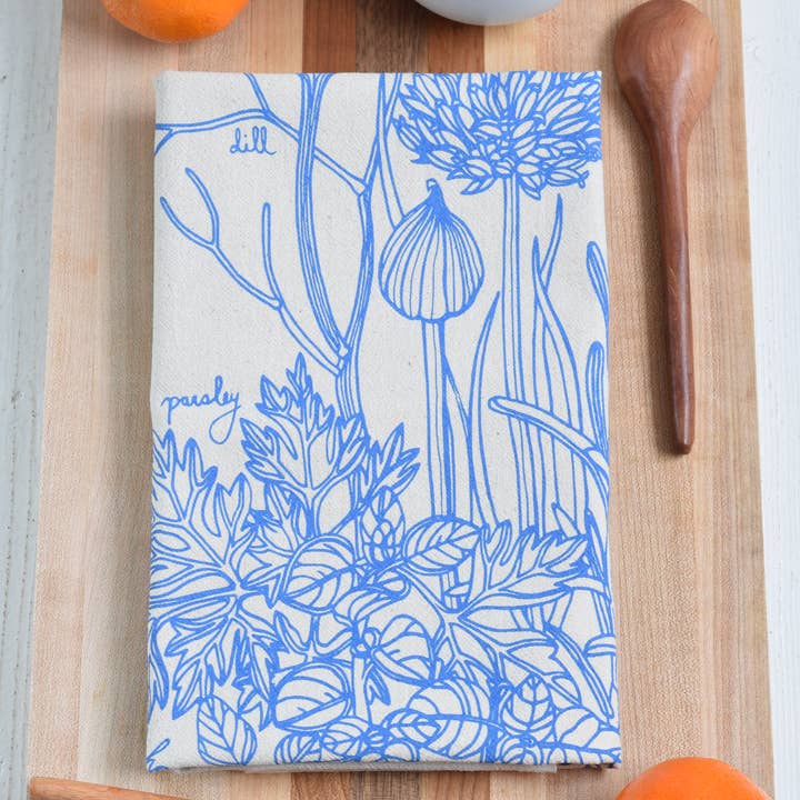 Kitchen Herbs Tea Towel in Blue-violet - Plant Print Cloth and other Purchase Wholesale plant one on me. Free Returns & Net 60 Terms on Faire trending on Faire.