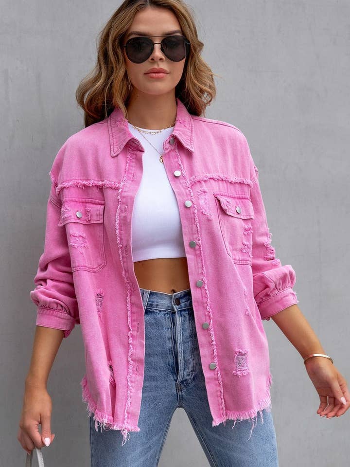 Lily Clothing - Wholesale Denim Jacket - Women's - Old solid color denim coat with lapel and ripped raw edge