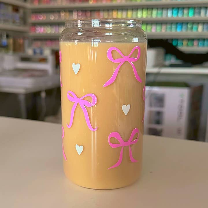 Lata de vidro Coquette Corações Brancos e Lacos Rosa por atacado de Crafting by Mayra