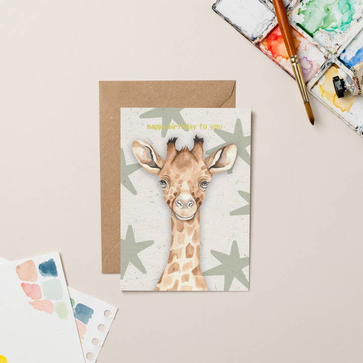 Giraffe Birthday card with Gold Foil for wholesale by lil wabbit