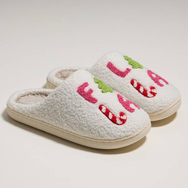 Pink ‘FALALALA’ Christmas Tree Fuzzy Slippers for Christmas Gift for wholesale on Faire3