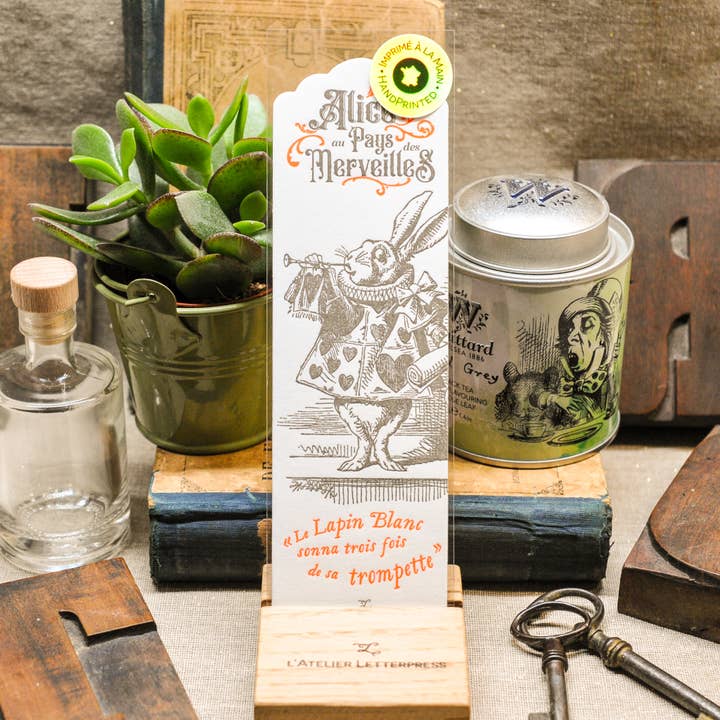 Letterpress Bookmark Rabbit with Trumpet - Alice Wonderland for wholesale by L'Atelier Letterpress