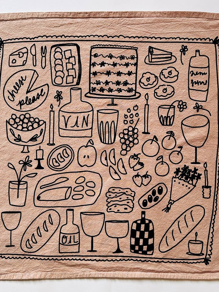 Picnic on Taupe Tea Towel - 100% Cotton for wholesale by Julie Peach