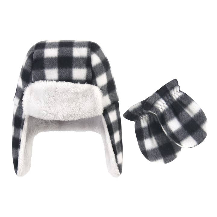 Hudson Baby Fleece Trapper Hat and Mitten Set, Black White Plaid Toddler for wholesale by BabyVision