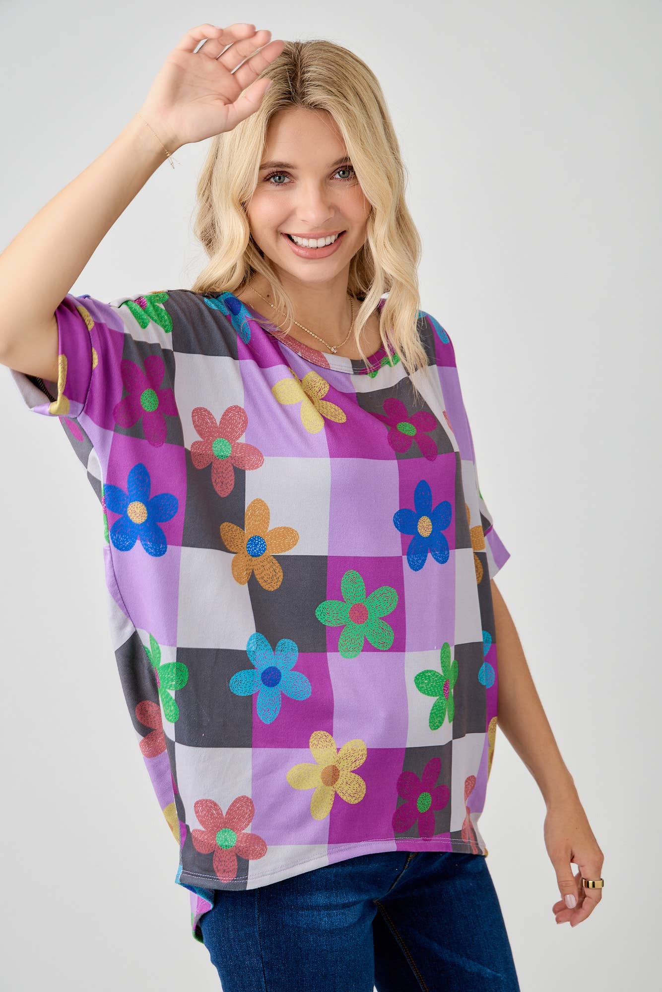 Celeste Clothing - Wholesale Tunic - Women's - WOMEN'S PLUS SIZE CHECKERED FLORAL TOP WITH HIGH-LOW HEM  
14