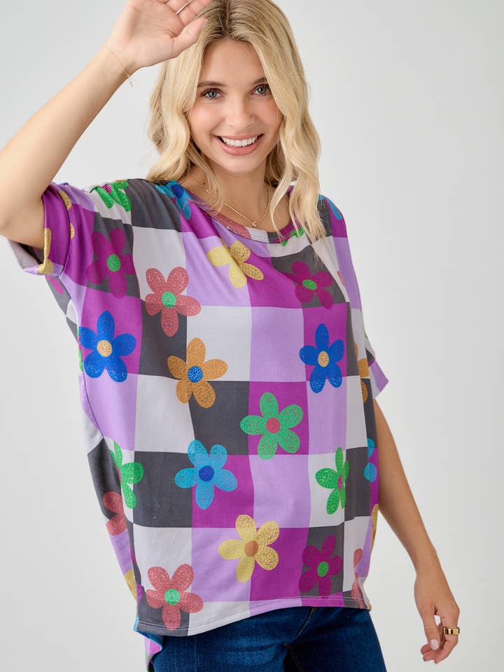 Celeste Clothing - Wholesale Tunic - Women's - WOMEN'S PLUS SIZE CHECKERED FLORAL TOP WITH HIGH-LOW HEM
14