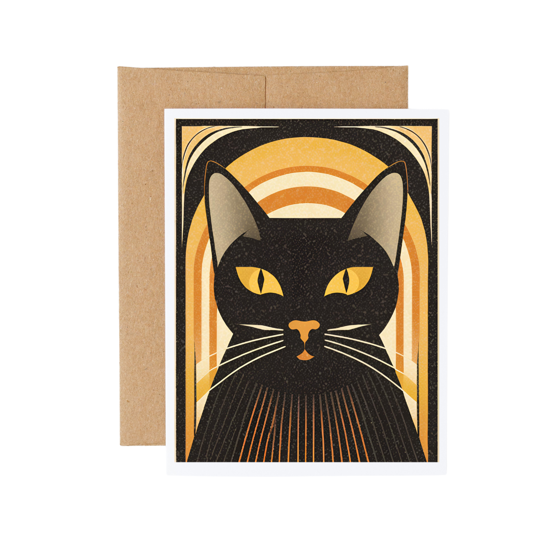 Cryptic Paper Co. - Wholesale Halloween Card - Art Deco Orange and Black Halloween Black Cat Card  1