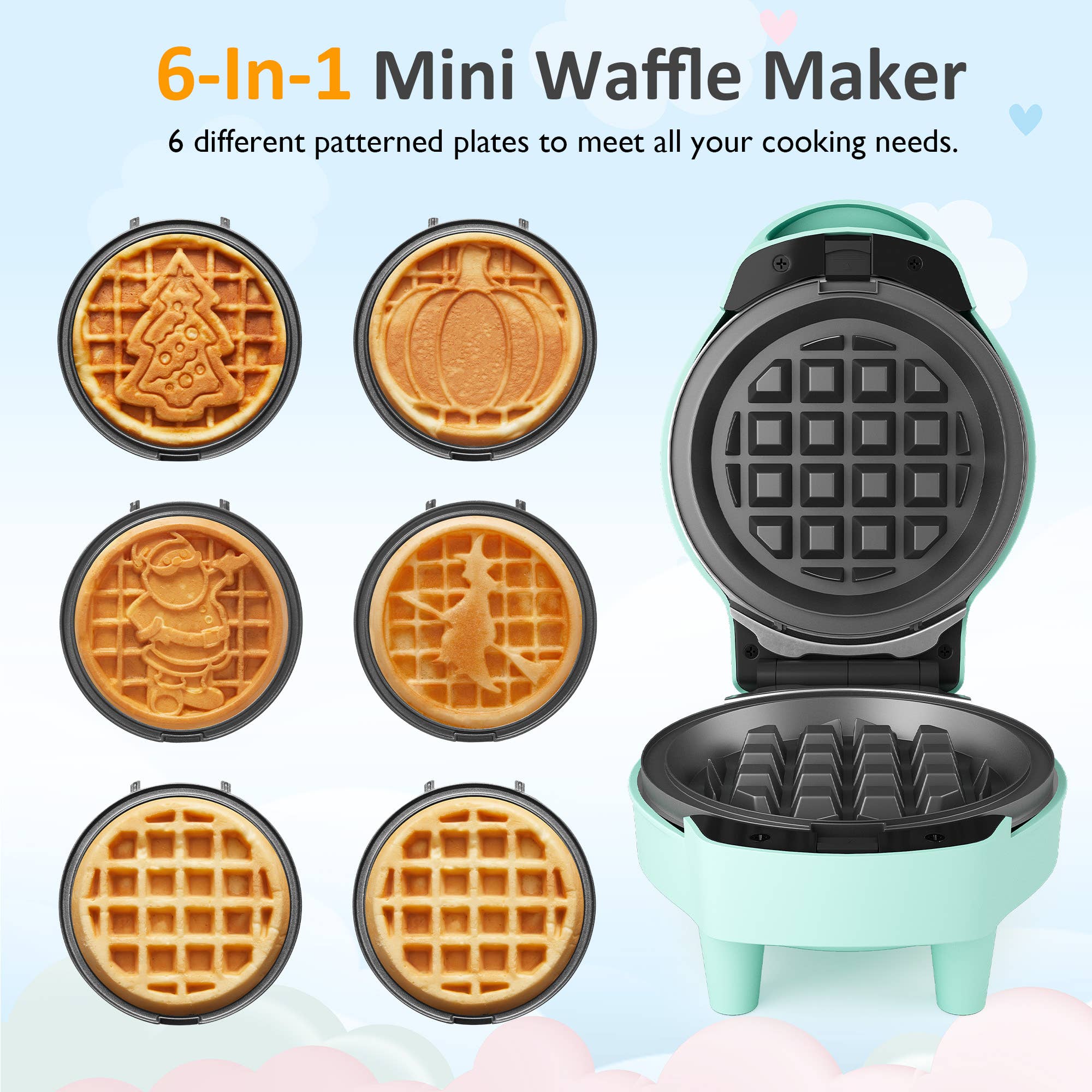 Heynemo - Wholesale Kitchen Appliance - 4" Mini Waffle Maker, 6 in 1 Waffle Iron with 6PC Plates Set2