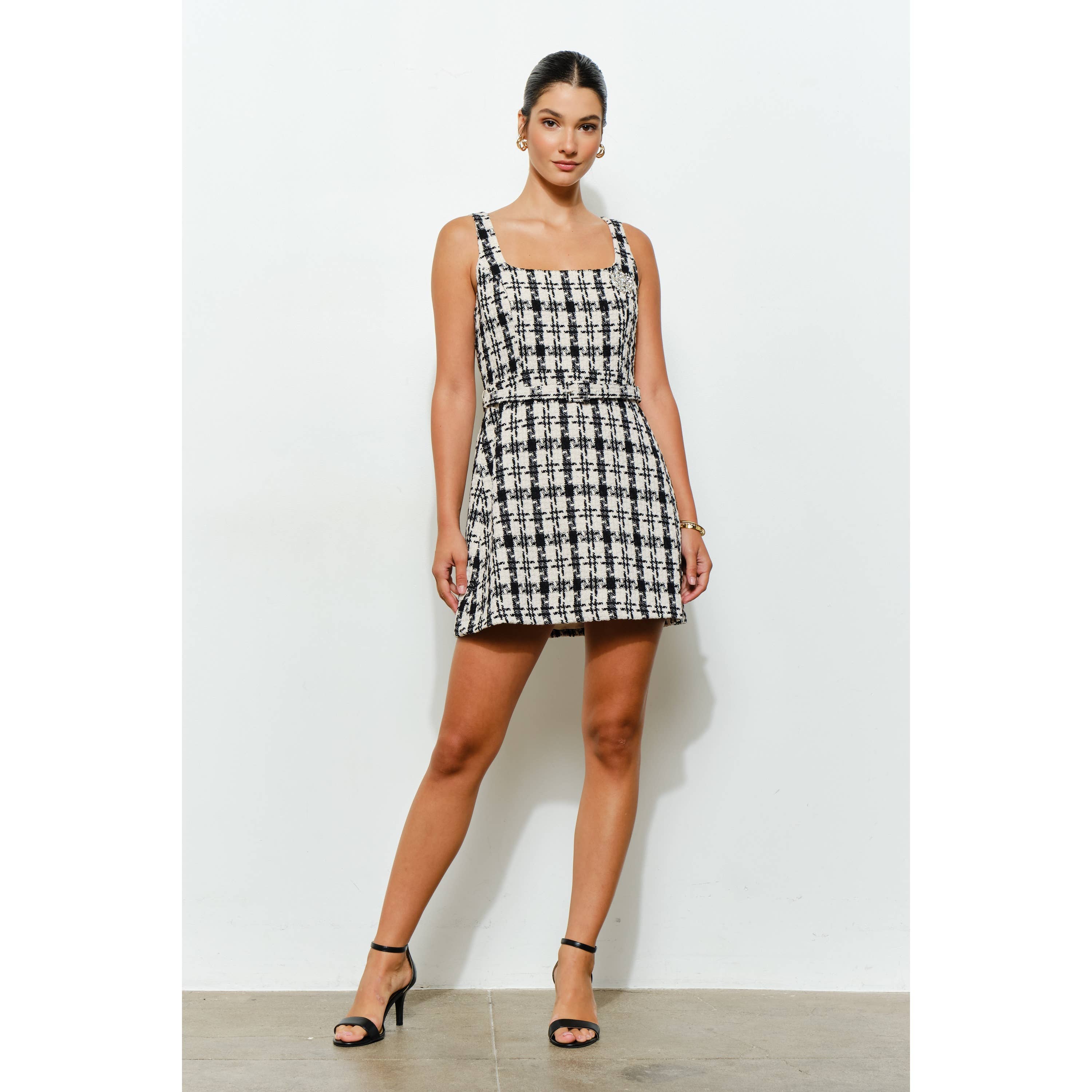 INA - Wholesale Dress - Women's - Check Tweed Brooch Detail Belted Mini Dress12