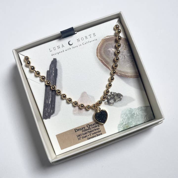 Luna Norte - Wholesale Pendant/Charm Necklace - Heart's Accelerated Ball Chain Necklace Gold - Black Druzy