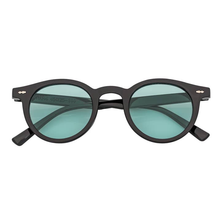 VIBES - Color Tint Retro Small Round Sunglasses Black Green Tint for wholesale by Morspecs