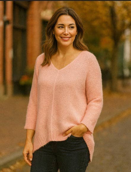 Rose pink V Neck Soft Touch Boucle Hi Low Knit for wholesale on Faire